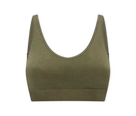 Olivgrüner SCHIESSER Soft-BH mit Pads, V-Ausschnitt, breiten Trägern und geripptem Unterbrustband.