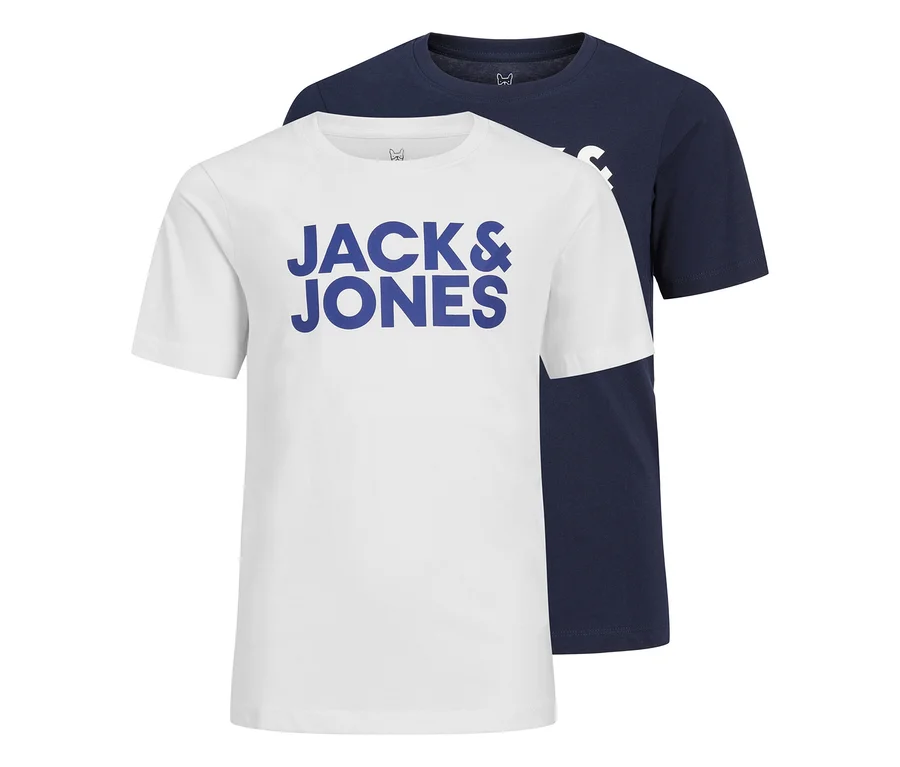 Zwei Jack&Jones Corp Logo T-Shirts, eines weiß mit blauem Logo und eines marineblau, übereinanderliegend.