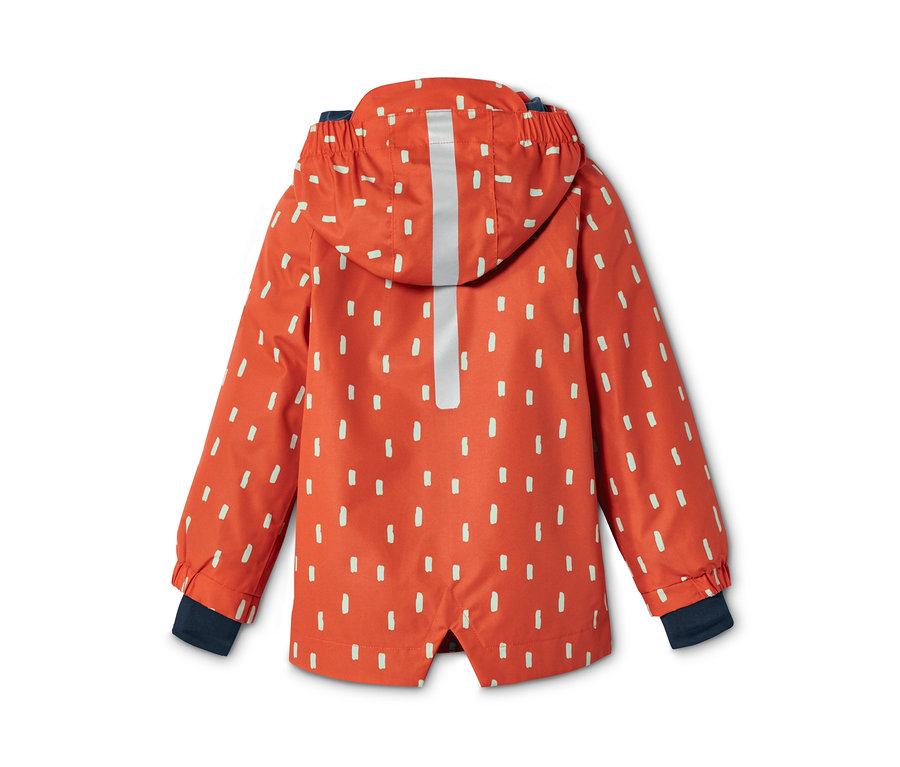 Orange Regenjacke aus recyceltem Material mit Alloverprint.