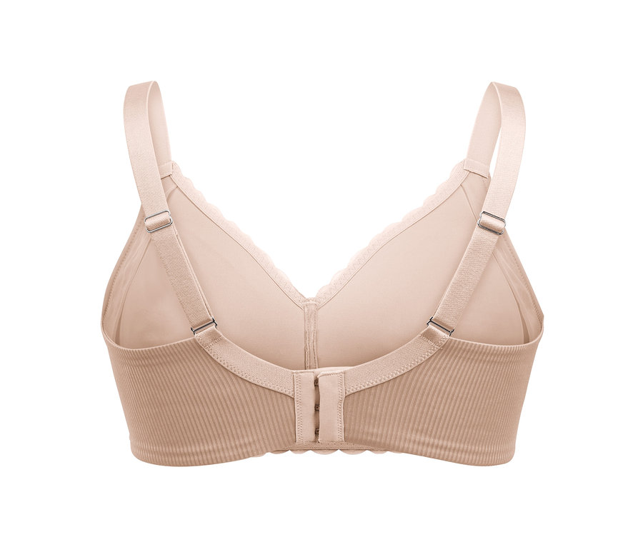 Detailansicht der Rückseite eines beigen Soft-BHs.