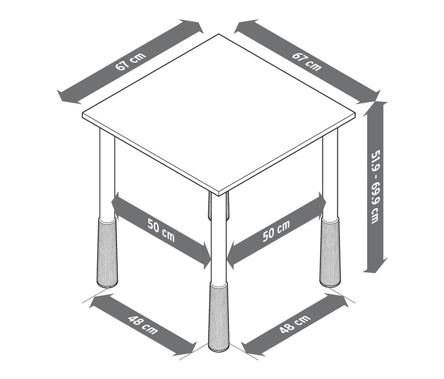 Illustration eines höhenverstellbaren Kindertisches mit Bemaßungen.