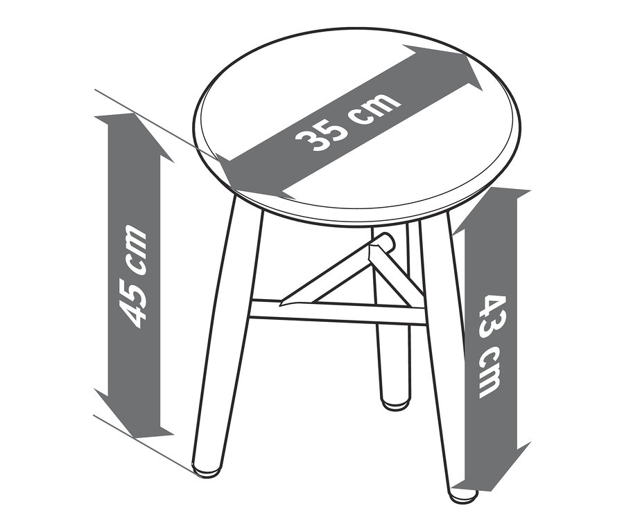 Skizze eines dreibeinigen Hockers mit hervorgehobenen Maßen.
