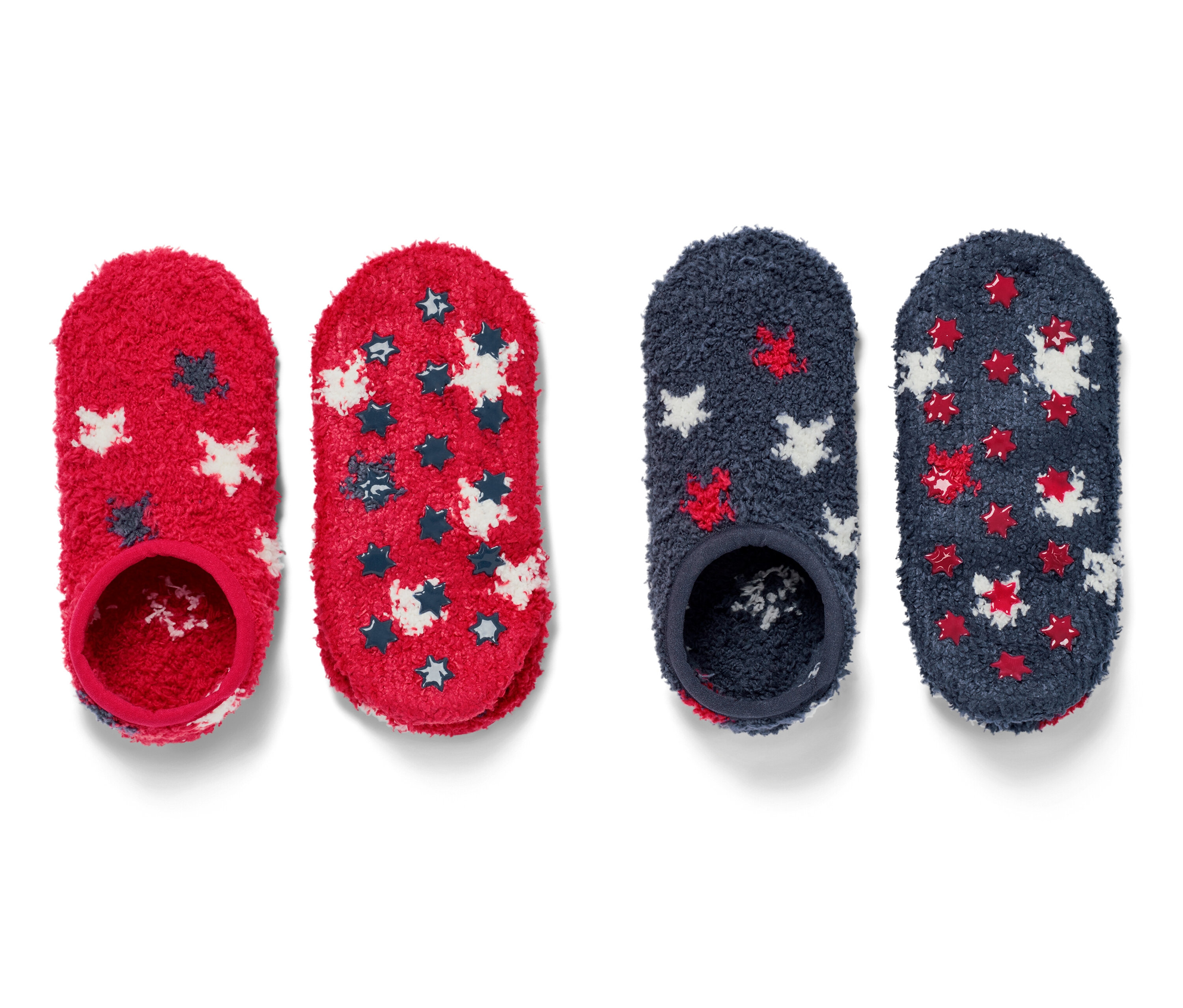 Zwei Paar Kinder-Hausschuhslippersocken mit Sternen, ein Paar rot, ein Paar blau.