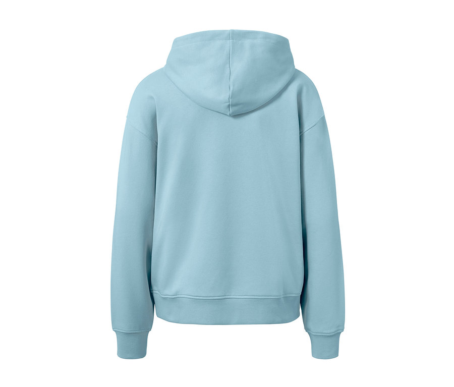 Rückansicht eines hellblauen Hoodies.
