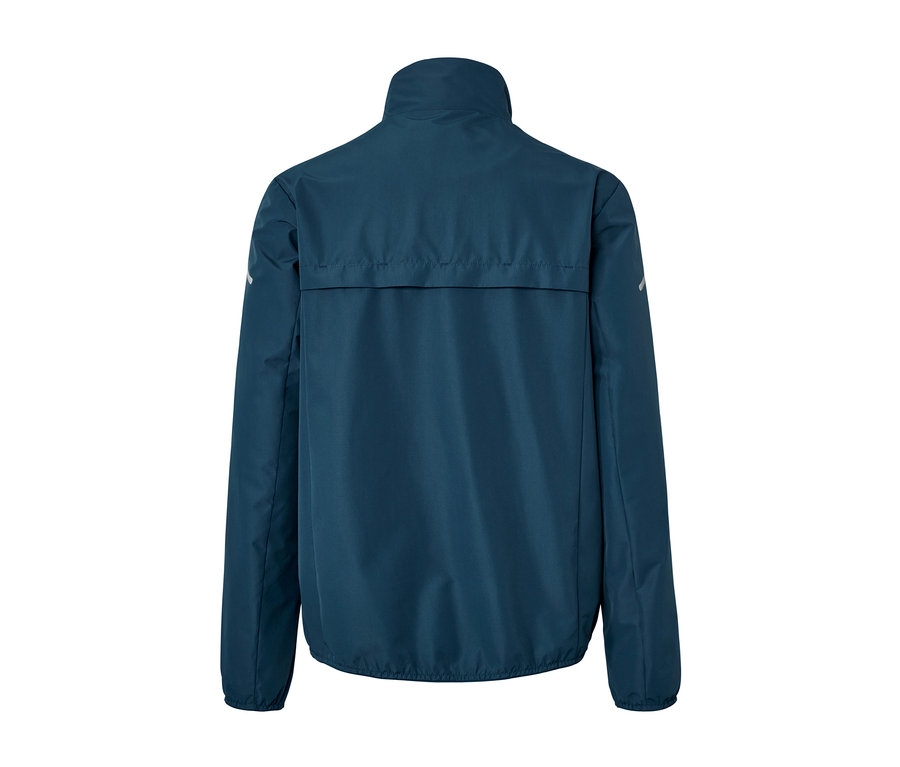 Blaue Windprotection-Jacke von hinten.
