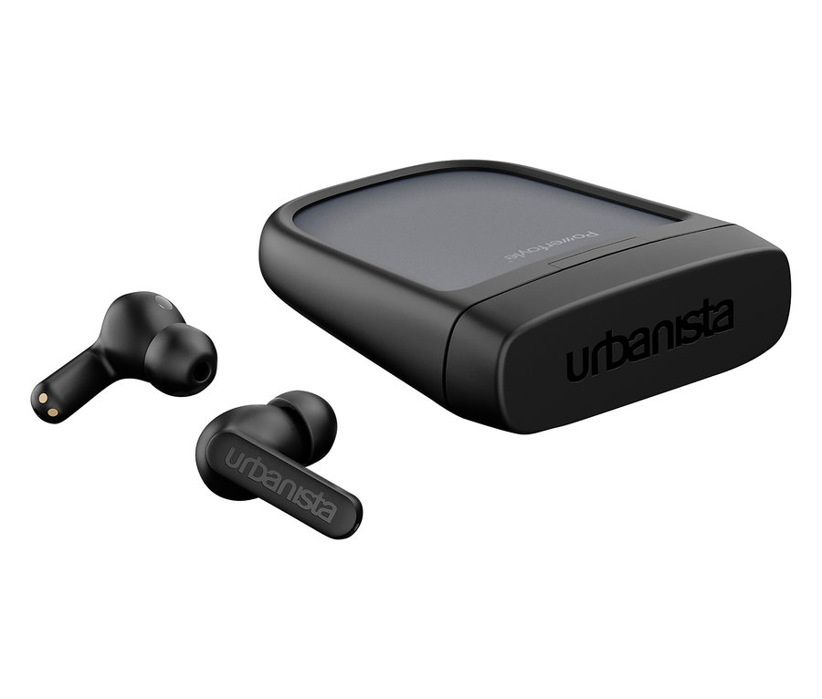Schwarze Urbanista Phoenix In-Ear Kopfhörer mit Solarladefunktion und Ladecase.