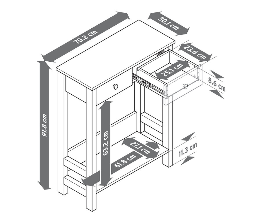 Schema einer Konsole mit 2 Schubladen und eingezeichneten Maßen.