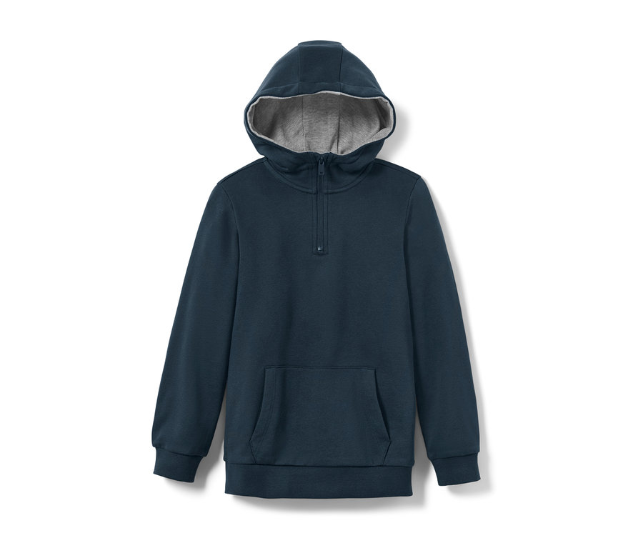 Marineblauer Kinder-Sweat-Hoodie mit silbernem Futter und kurzem Reißverschluss.