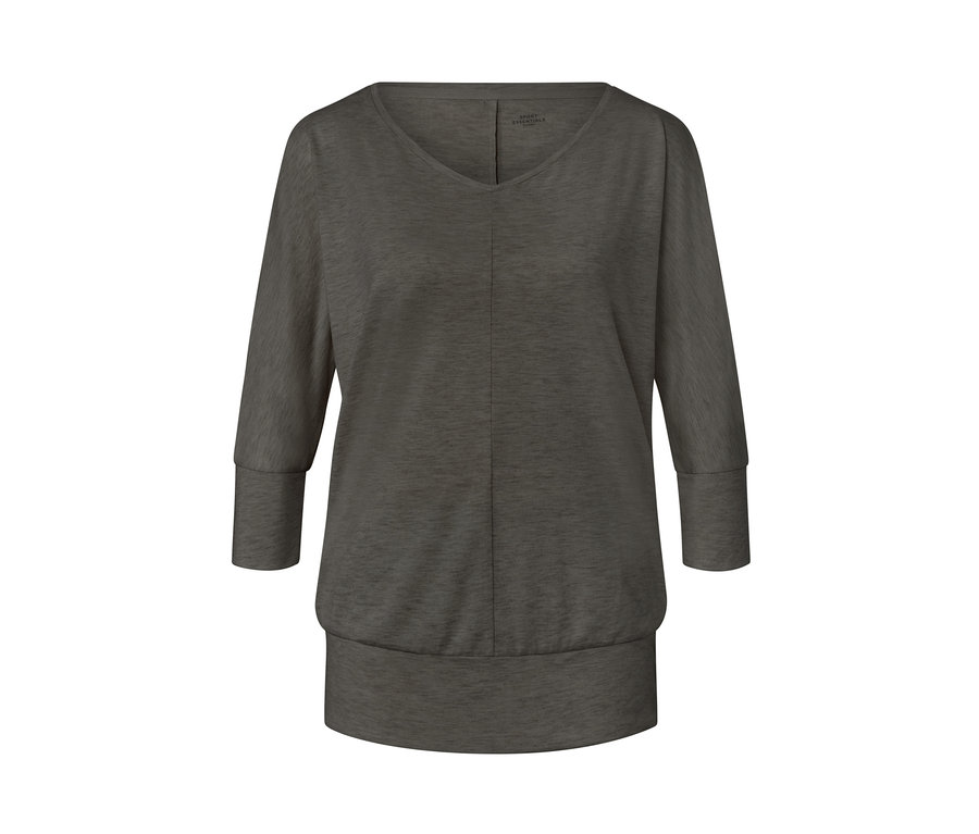 Olivfarbenes Yogashirt mit Dreiviertelärmeln.