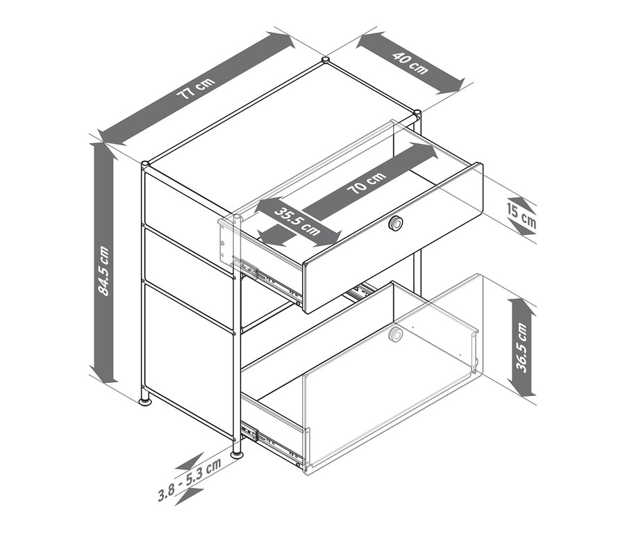 Abbildung einer Kommode Metall »CN3« mit 3 Schubladen und Maßangaben.