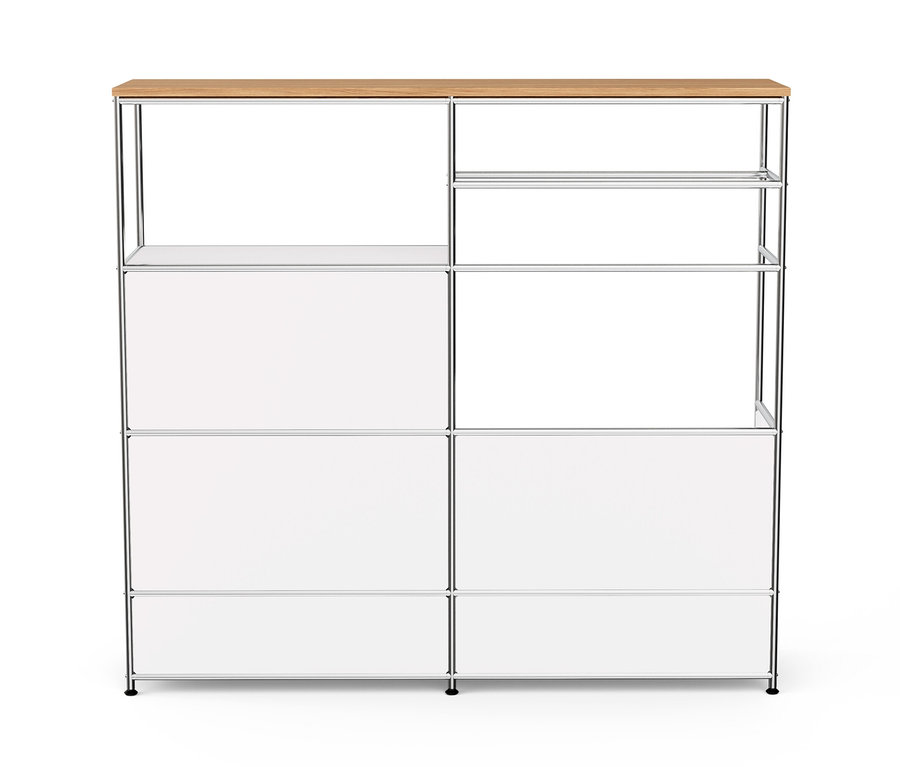 Weiße Kommode Metall »CN3« mit Holzplatte, 1 Kleiderstange, 1 Klappenfach und 3 Schubladen.