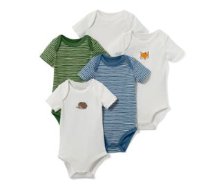 1x weiss mit Igel-Print, 1x weiss mit Fuchs-Print, 1x weiss, 1x blau gestreift, 1x grün gestreift