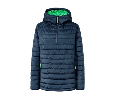 Eine marineblaue Kapuzen-Steppjacke.