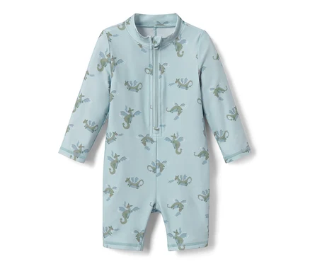 Blauer Baby-Einteiler mit UV-Schutzfaktor 80 und Drachenmuster.