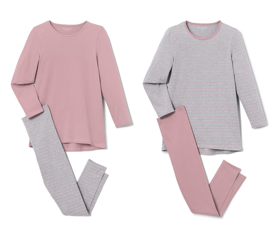 Zwei Kinder-Pyjamas: Einmal hellrosa mit grau gestreifter Hose, einmal grau mit rosa Hose.