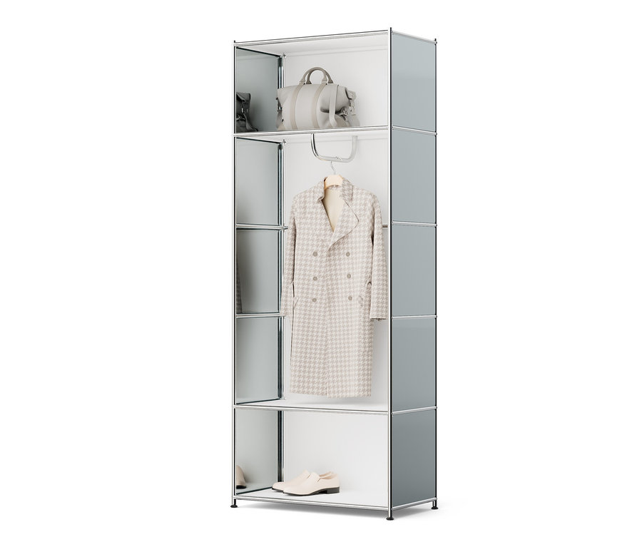 Garderobe Metall »CN3« mit Kleiderstange, oben Handtasche, mittig ein Mantel und unten Schuhe.