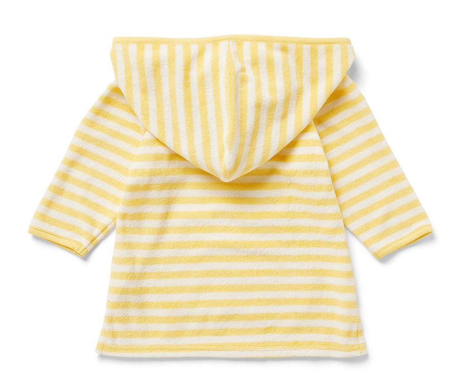 Rückansicht eines Kinder-Frottierponchos mit Kapuze in gelben und weißen Streifen.