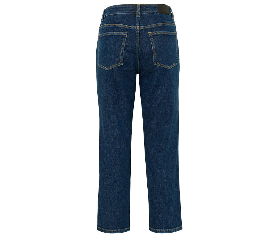 Rückansicht einer dunkelblauen Straight-Leg-Jeans.