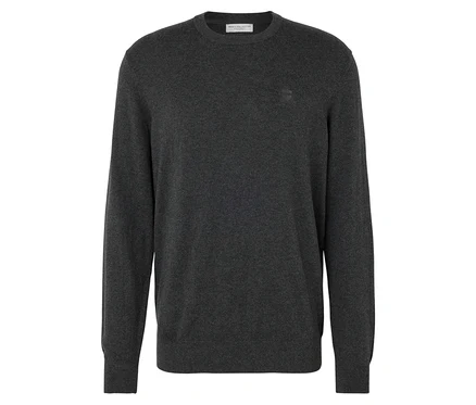 Dunkelgrauer Strickpullover mit langen Ärmeln und Rundhalsausschnitt.