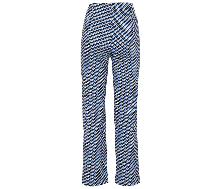Lange Hose mit blau-weißem geometrischem Muster.