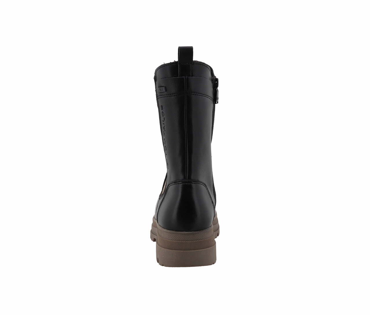 Schwarzer Lederstiefel mit Reißverschluss und brauner Sohle.