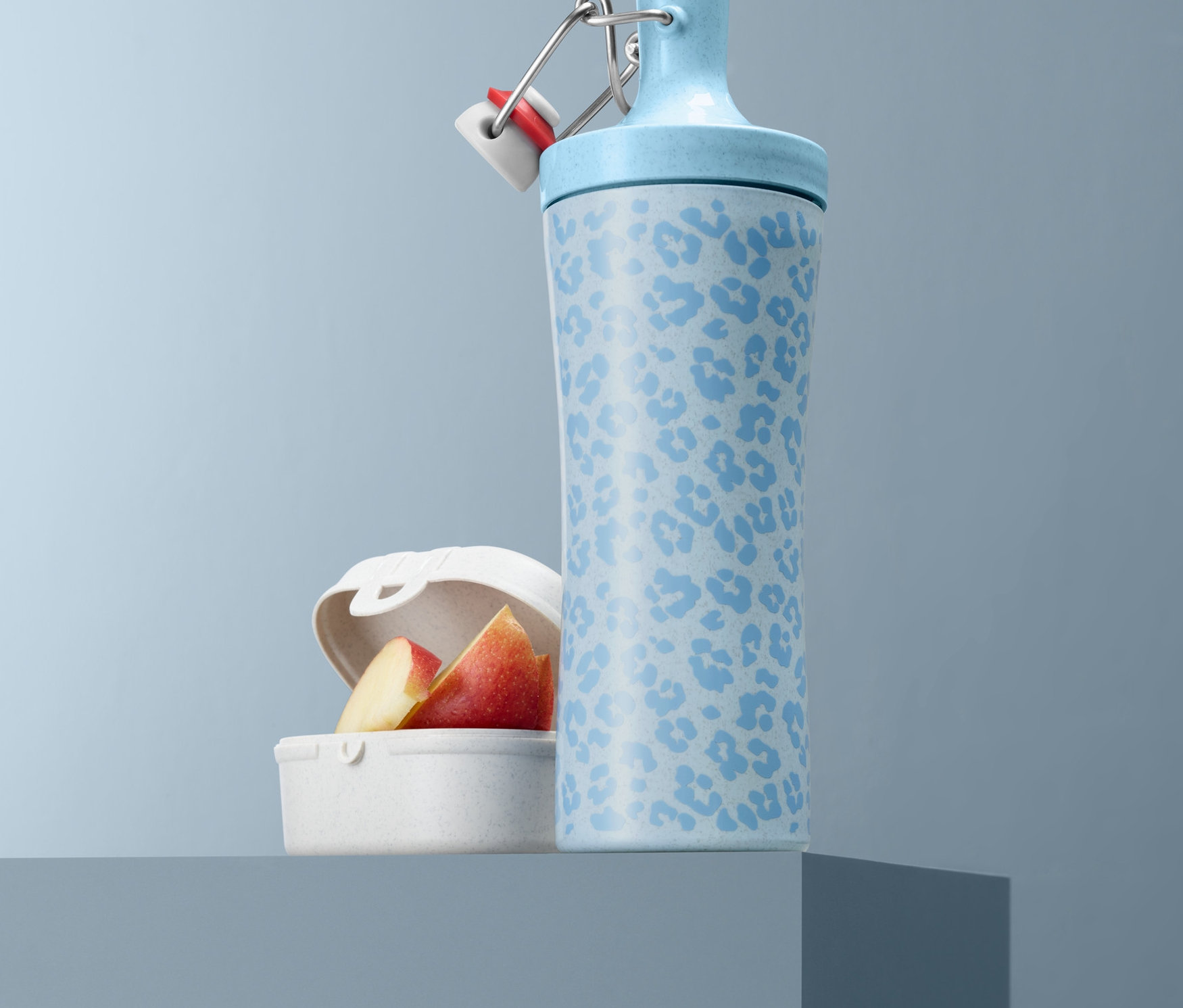 Eine hellblaue KOZIOL-Trinkflasche mit Muster und Äpfel in einer weißen Lunchbox.