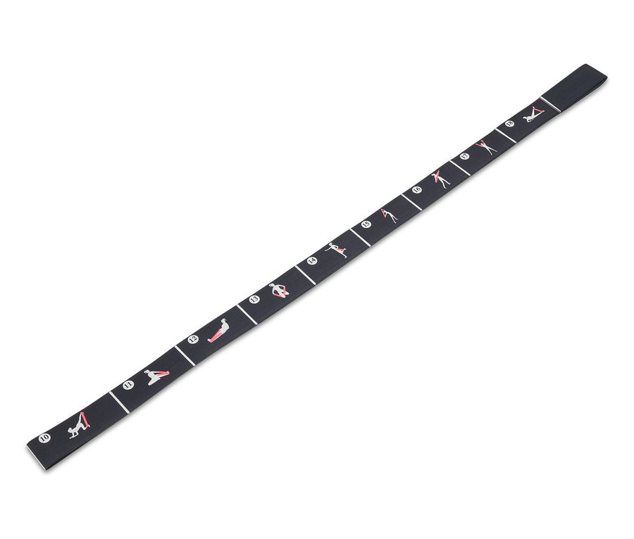 Schwarzes Übungsband mit Abbildungen von Yoga-Posen.