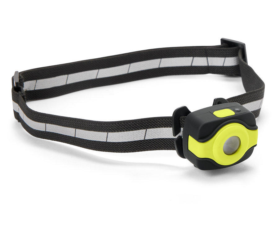 Stirnlampe mit schwarz-grau gestreiftem Band und gelb-schwarzem Licht.