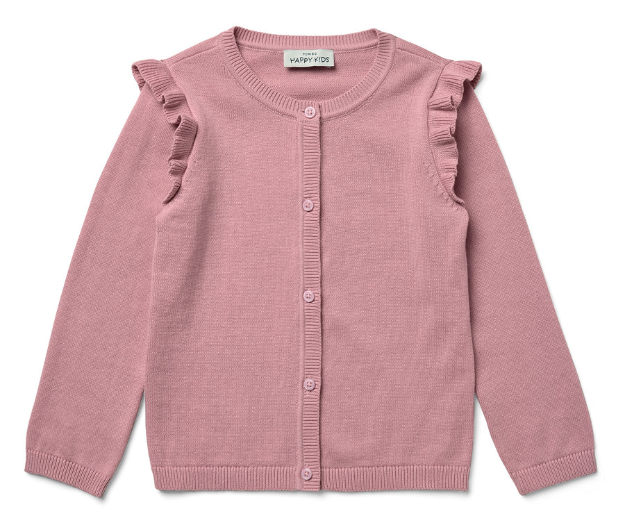 Rosa Strickjacke mit Knöpfen und Rüschen an den Schultern.