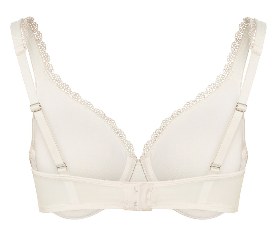 Rückansicht eines weißen BHs mit Spitze.