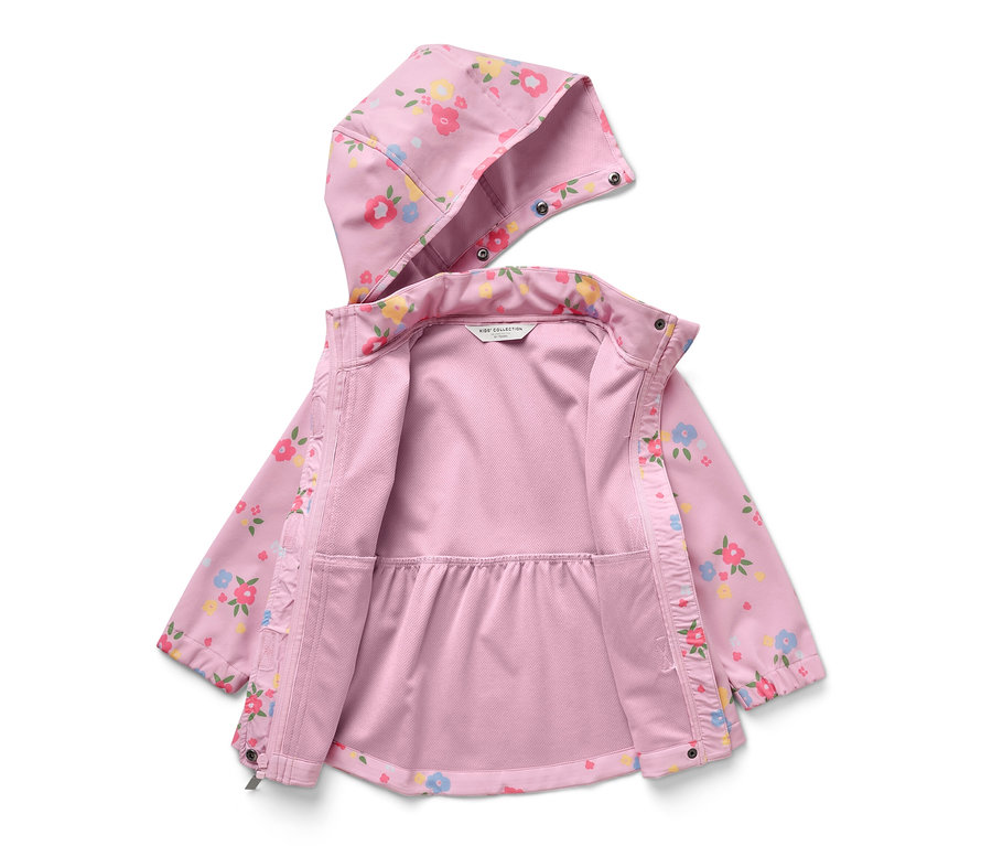 Offene Kinder-Softshelljacke mit Kapuze und rosa Blumenmuster.