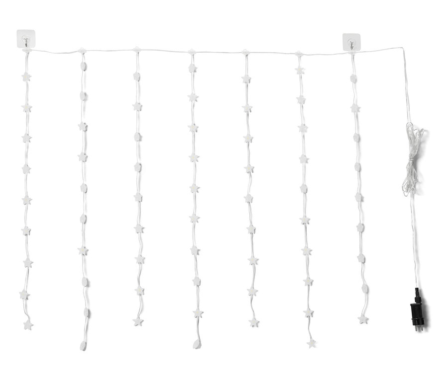 Weiße sternförmige Lichterketten hängen an Haken.