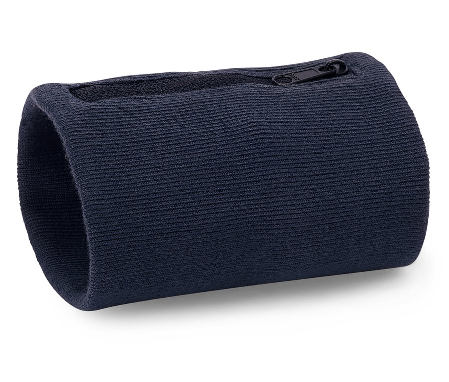 Ein marineblaues Armband mit Reißverschluss liegt auf einer weißen Oberfläche.