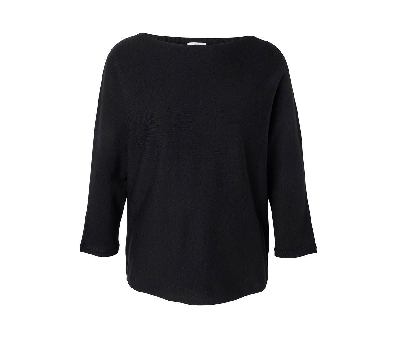 Schwarzer Feinstrickpullover mit Dreiviertelärmeln.