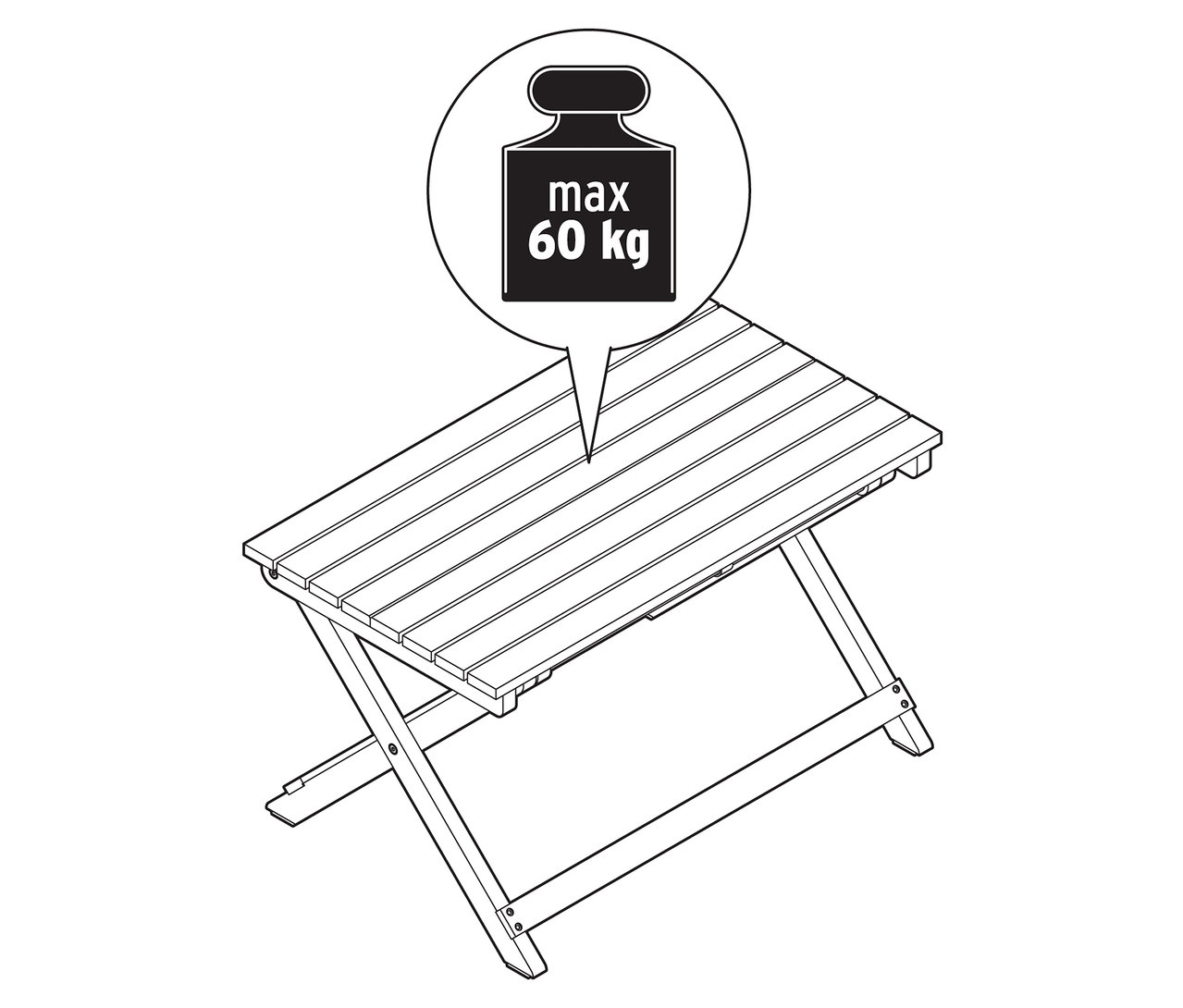 Illustration eines zusammenklappbaren Tisches mit einer Gewichtsangabe von maximal 60 kg.
