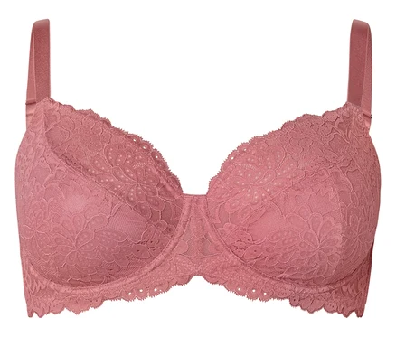 Rosa BH mit Bügel und breiten Trägern, bedeckt mit floraler Spitze, vor einem weißen Hintergrund.