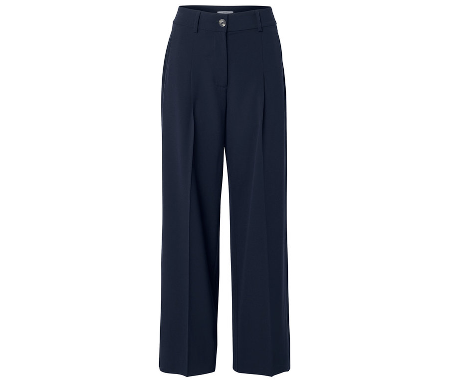 Marineblaue Stoffhose mit hohem Bund, weitem Bein und Bundfalten.