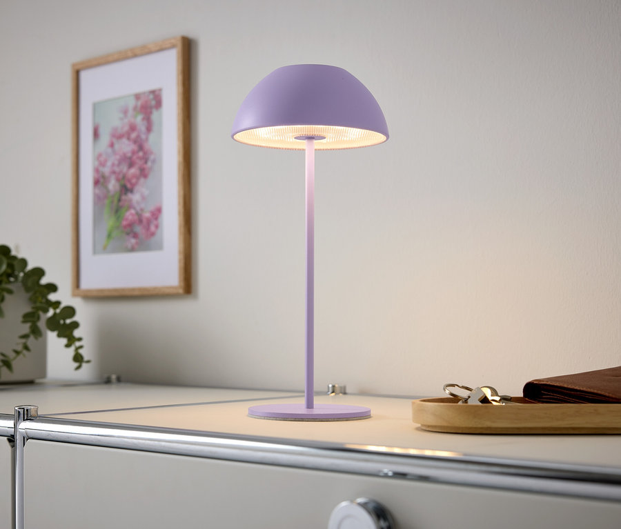 Lila Lampe steht auf einem Tisch, daneben ein Bild mit Blumen und eine Pflanze.