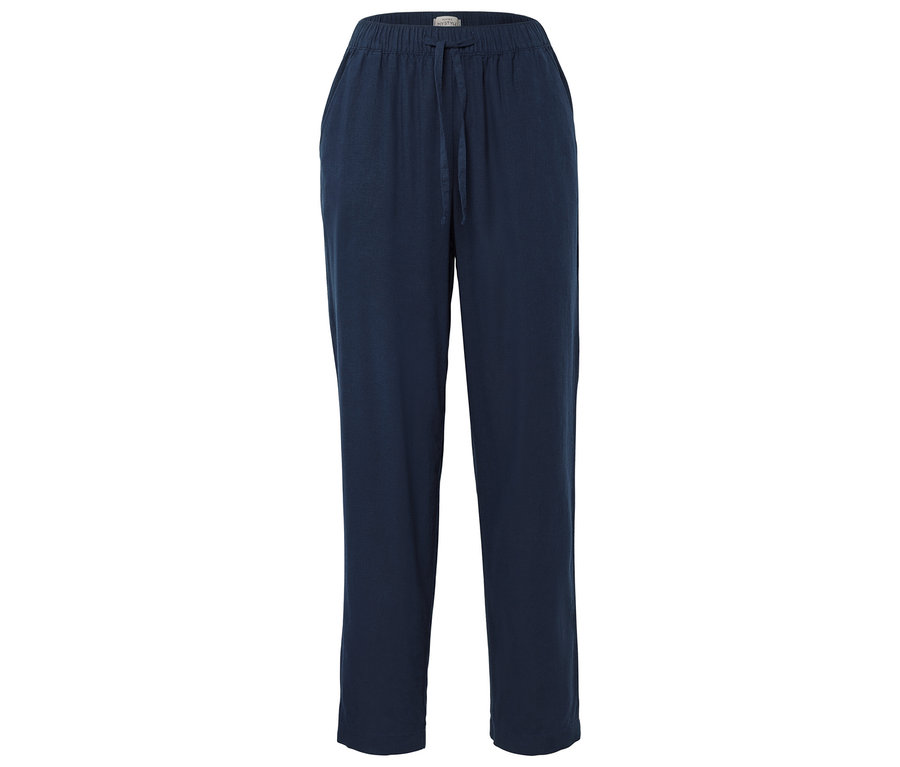 Eine marineblaue Hose mit Kordelzug wird vor einem weißen Hintergrund gezeigt.