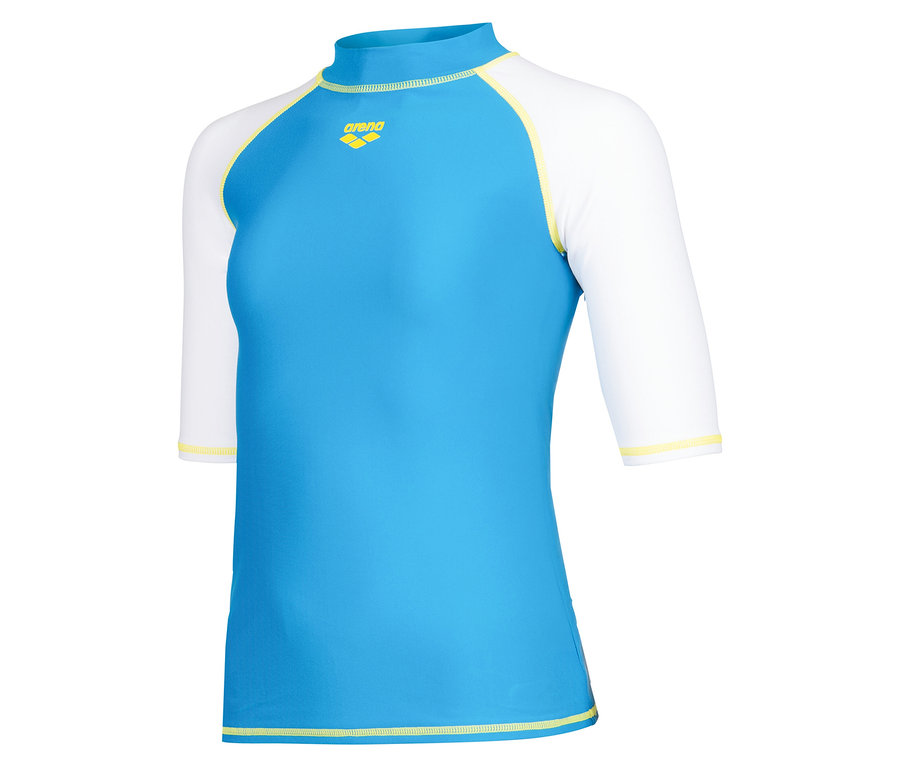 Blaues Arena Kurzarm-Badeoberteil mit weißen Ärmeln und gelben Akzenten.