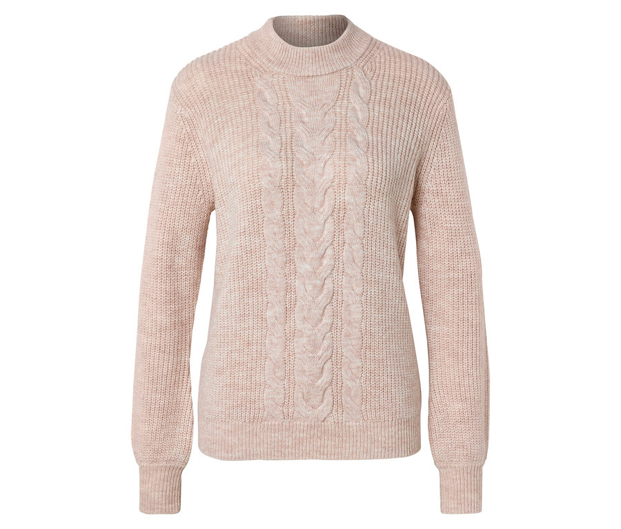 Hellrosa Strickpullover mit Zopfmuster und Stehkragen.