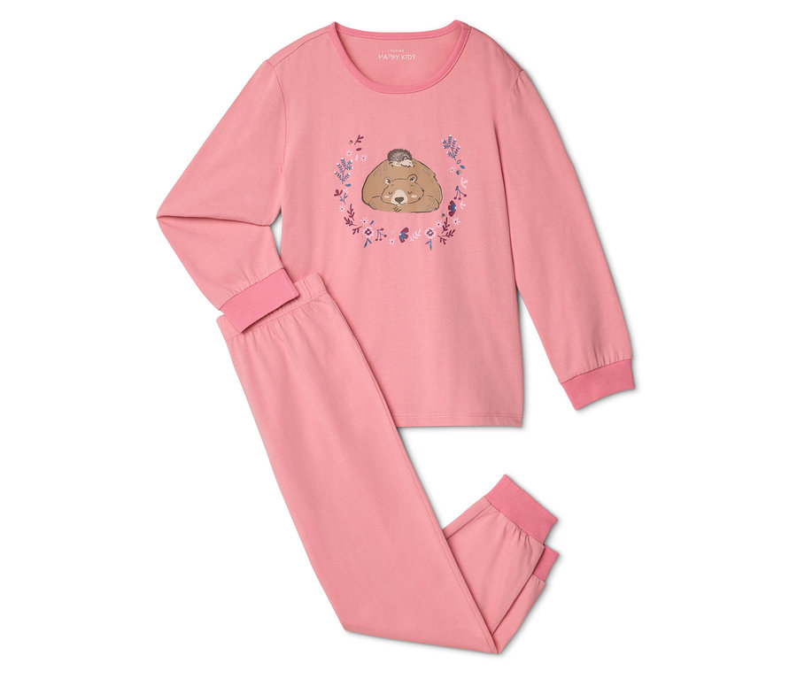 Rosa Kinderpyjama mit Bär- und Igelmotiv auf dem Oberteil, bestehend aus einem langärmeligen Oberteil und einer langen Hose.