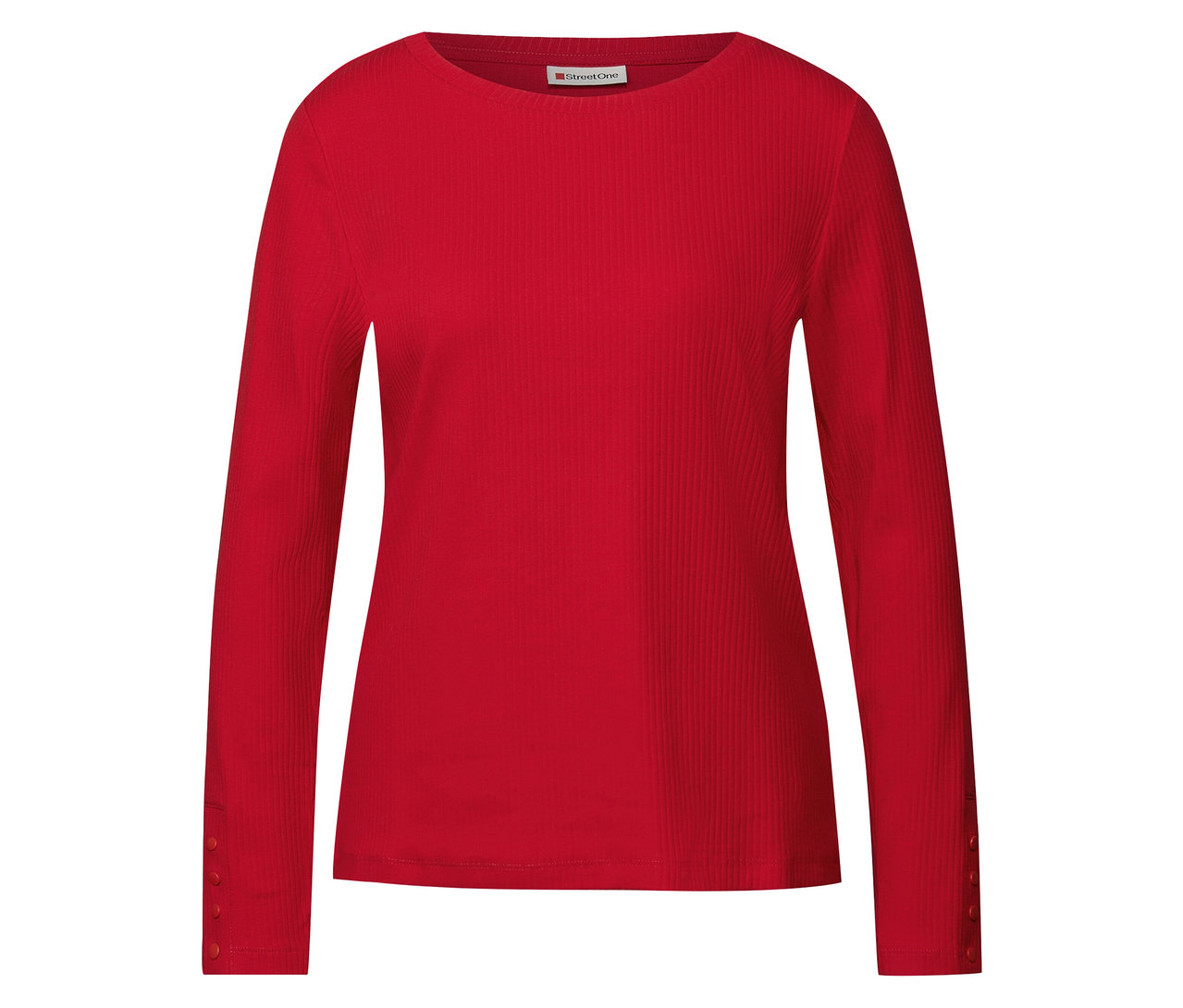 Das rote Street One Rippshirt ist auf weißem Hintergrund zu sehen.