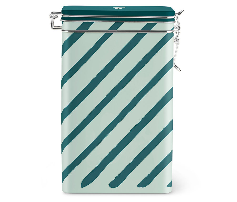Eine gestreifte Kaffeedose.