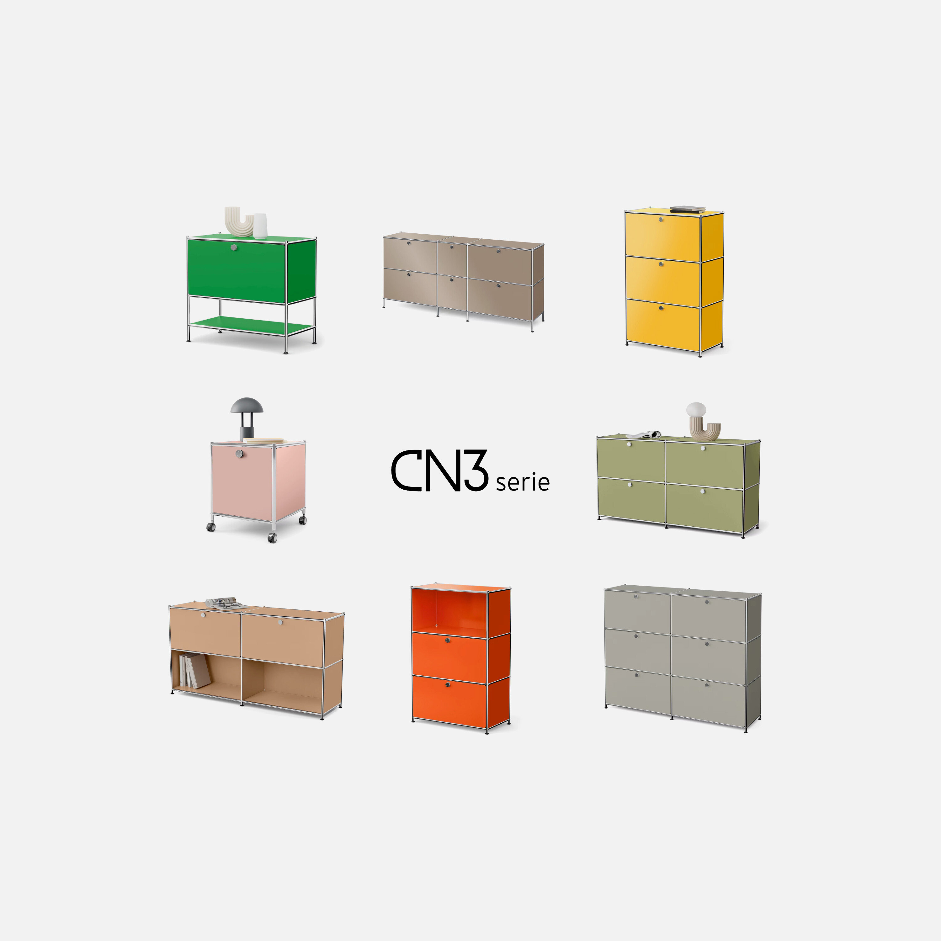 Neun verschiedenfarbige CN3 Serie Schränke sind auf einem hellgrauen Hintergrund angeordnet.