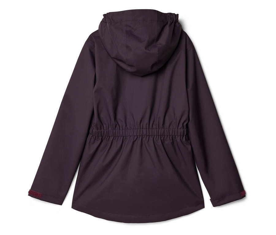 Rückansicht einer auberginefarbenen Jacke mit Kapuze und Kordelzug in der Taille.