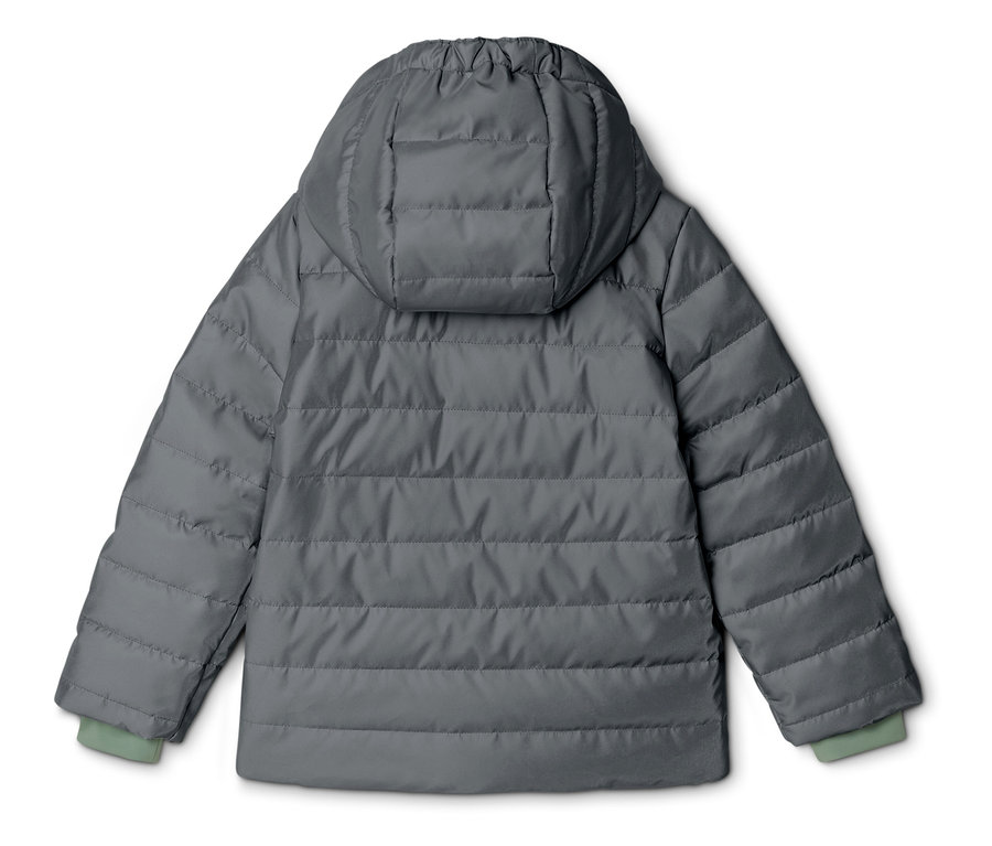 Graue, gesteppte Jacke mit Kapuze, von hinten fotografiert. Die Ärmel haben hellgrüne Bündchen.