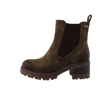 Dunkelbraune Tom Tailor Velours-Boots mit elastischen Seiteneinsätzen, dicker Profilsohle und Blockabsatz.