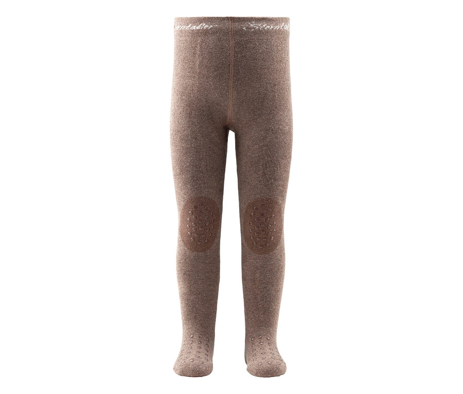 Braune gerippte Kinderstrumpfhose mit dunkleren Anti-Rutsch-Patches an den Knien und gepunkteten Anti-Rutsch-Sohlen an den Füßen.