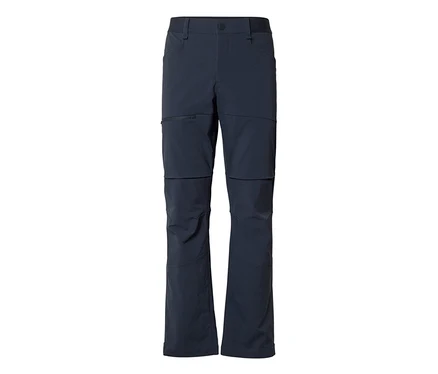 Dunkelblaue, wandelbare Outdoor-Hose mit Reißverschlussbeinen und einer Reißverschlusstasche am linken Oberschenkel.